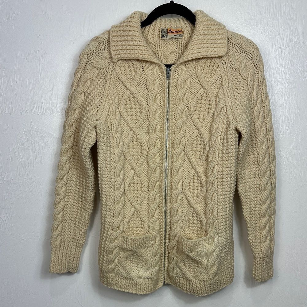 Ballybunion Vintage Wool Cream Cable Knit Cardigan Sweater Size S